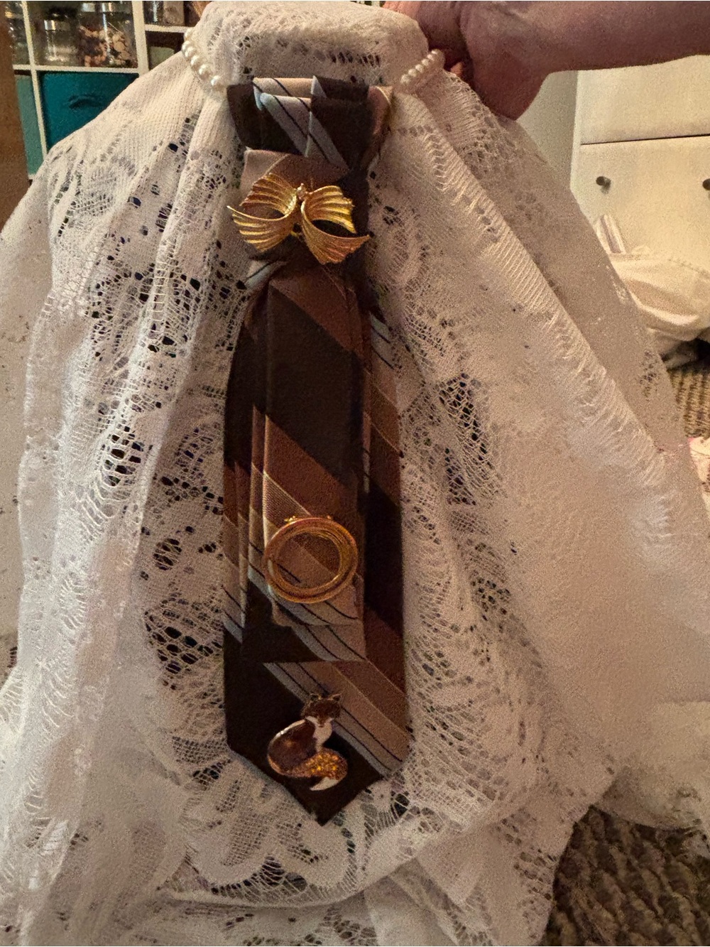 Classic Brown Stripe Women’s Necklace Tie with Gold Fall Accessories